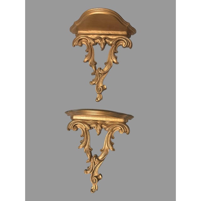Victorian Pair of Vintage Ornate Gilt Decorated Syroco Wood Wall Hanging Display Shelves For Sale - Image 3 of 7