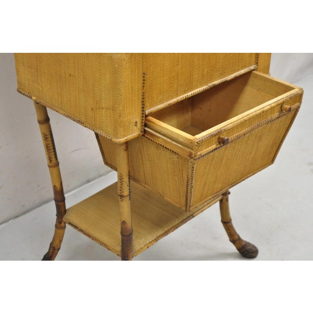 Antique English Victorian Bamboo Rattan Sewing Box Work Stand Side Table For Sale In Philadelphia - Image 6 of 12