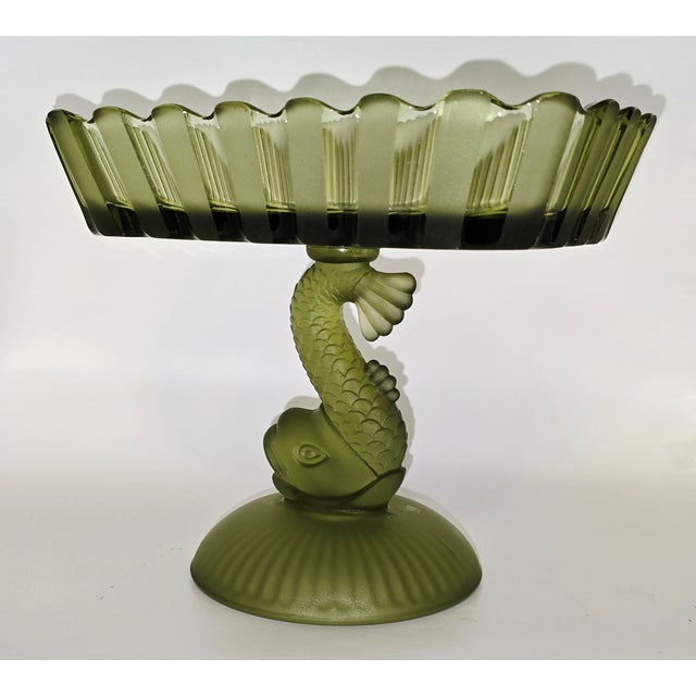 A sculptural Art Deco satin‑glass compote by Houze Art Glass (HFM) of Point Marion, Pennsylvania. This beautifully modeled...