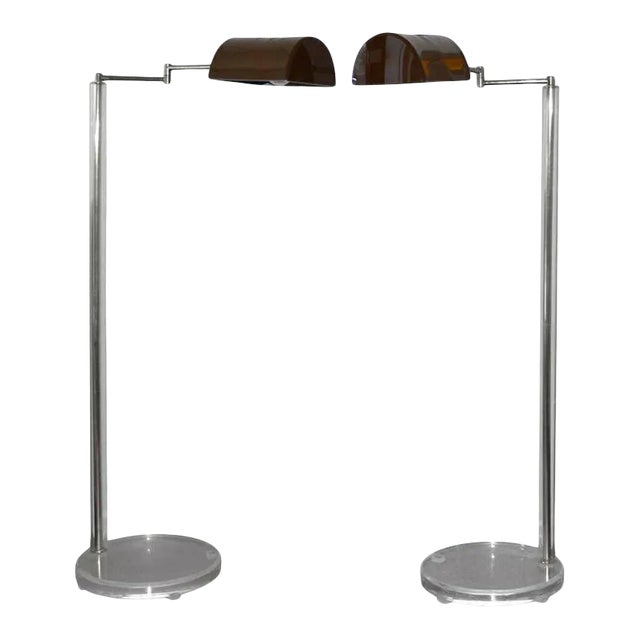 1960 Vintage Bauer Lamp Co. Swing-Arm Pair Pharmacy Floor Lamp Plexi Base-With Built in Rheostat Dim - a Pair For Sale