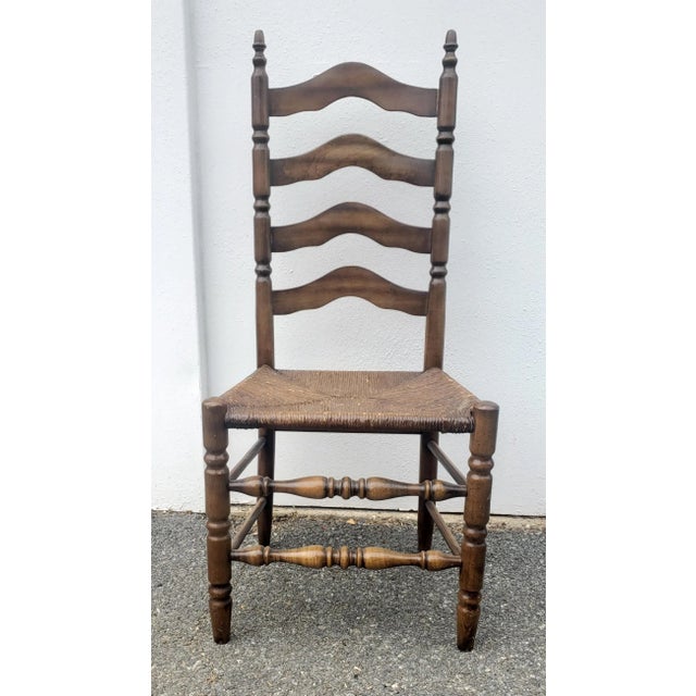 French Country Mid 20th Century Mid-Century Walnut and Rush Seat Ladderback Chair For Sale - Image 3 of 6
