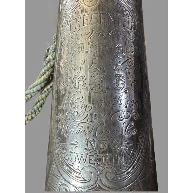 Ornate Antique Victorian Engraved Silver Plate Firemans Parade Presentation Horn For Sale - Image 9 of 12