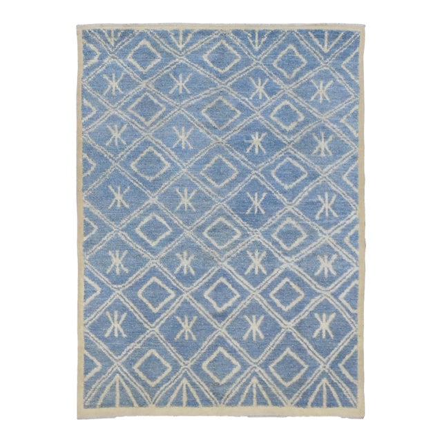 Blue & Cream Modern Wool Rug For Sale