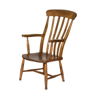English Elm Vertical Slat Back Armchair Circa 1890 With Turned Legs and H-Stretcher For Sale