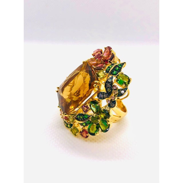 Bochic "Orient" Vintage Multi Tourmaline & Honey Citrine Ring Set In 18K Gold & Silver Natural Radiant Cut Honey Citrine...