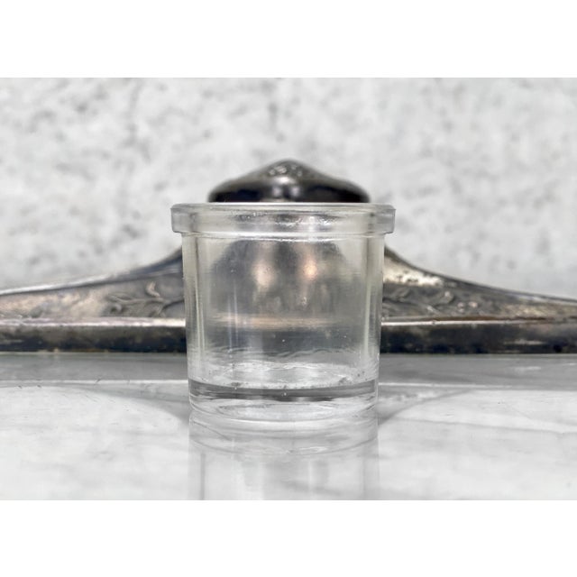 Silver Vintage Art Deco Cast Metal Floral Motif Inkwell W/ Pen Rest For Sale - Image 8 of 12