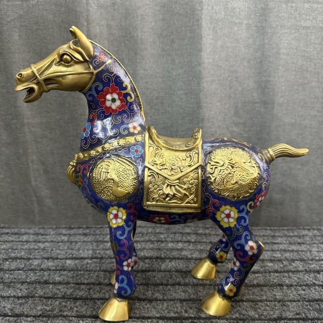 Impressive Pair of Vintage Cloisonné Enamel War Horses For Sale - Image 4 of 9