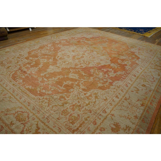 Textile Spectacutar Orange-Salmon Background Color With Distinctive Central Medallions Antique Turkish Oushak Rug For Sale - Image 7 of 9