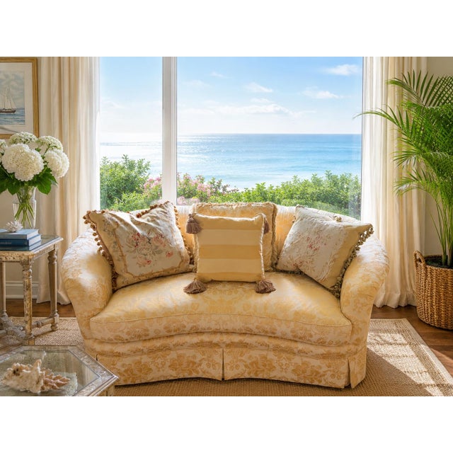 Elegant traditional sofa by Sherrill Furniture, upholstered in a cream and soft gold damask floral fabric. It has large...