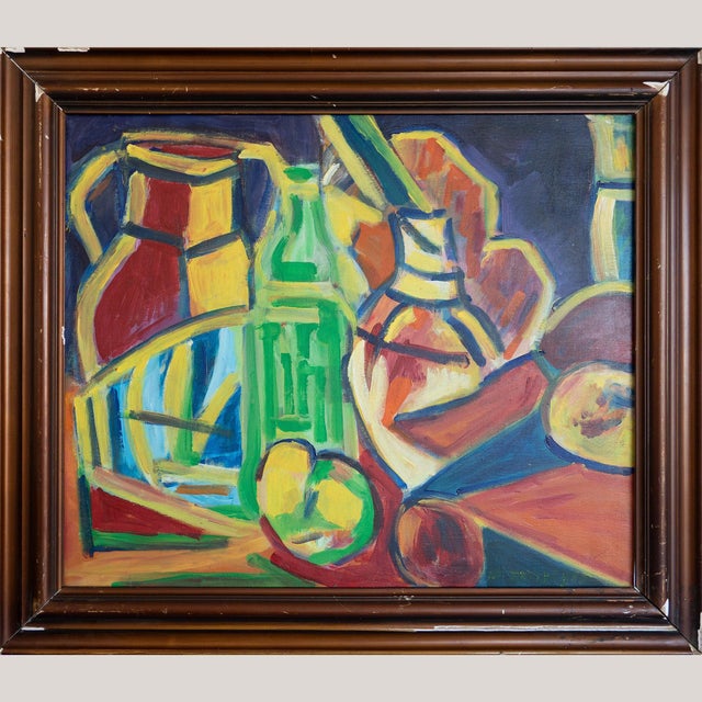 Rendered in expressive, high-impact strokes, this oil on canvas still life bursts with chromatic intensity and raw form....