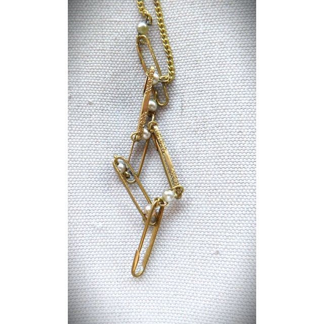 Antique Etched 9k Gold Lingerie Pin Necklace With Pearls For Sale - Image 9 of 12