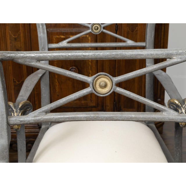 Gray Set of Four Midcentury Italian Metal Armchairs with Brass Rams' Heads For Sale - Image 8 of 9