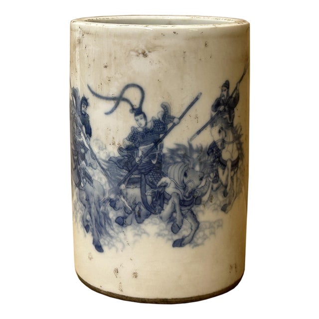 Chinese Distressed White Porcelain Blue Warrior Horse Graphic Holder Vase For Sale