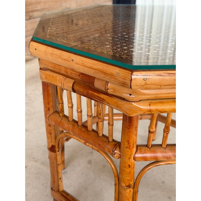 Tan Vintage Octagonal Bamboo and Cane Side Table With Glass Top For Sale - Image 8 of 12