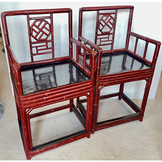 Maroon Antique Qing Dynasty Chinoiserie Fretwork Bamboo Rose Chairs a-Pair For Sale - Image 8 of 17