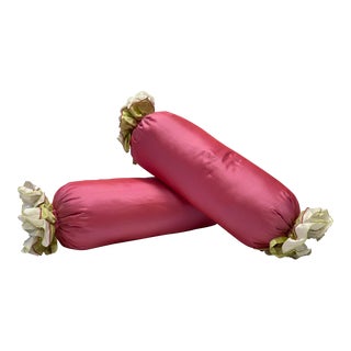 2000s Pair of Pink Silk Bolster Pillows For Sale