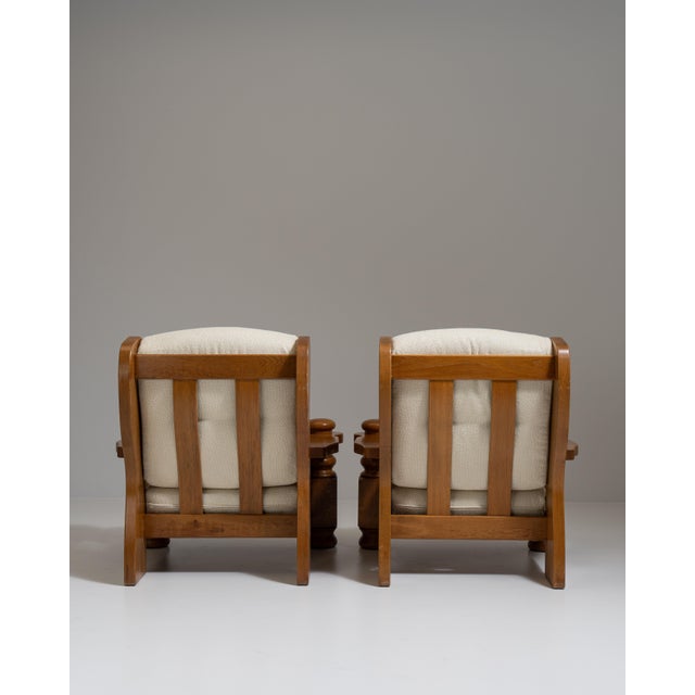 1970s Pair of 1970s French Chestnut Brown Brutalist Oak Upholstered Armchairs For Sale - Image 5 of 15