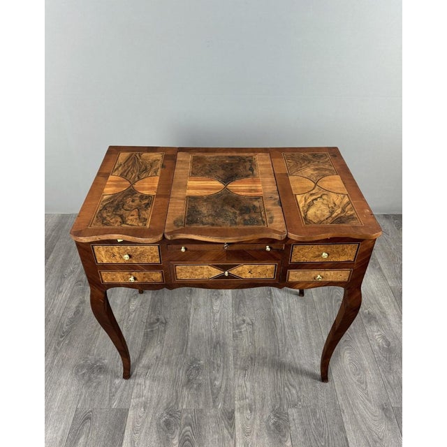 Wood 20th Century Louis XV Marquetry Dressing Table, Vanity Table with Mirror For Sale - Image 7 of 9