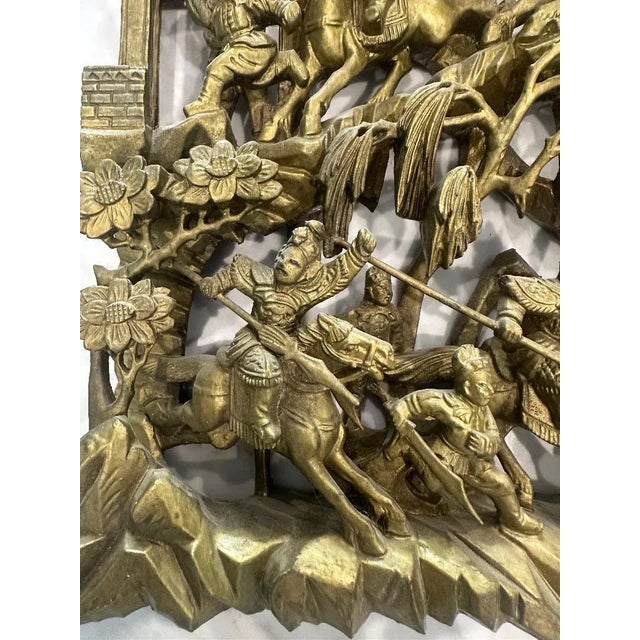Antique Chinese Hand-Carved Wood Wall Panel – Battle Scene Relief, Gilt Finish For Sale - Image 9 of 15