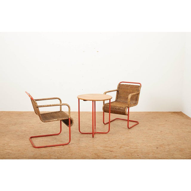 Bauhaus Side Table with Armchairs in Red Lacquered Tubular Steel, 1920s, Set of 3 For Sale - Image 3 of 18