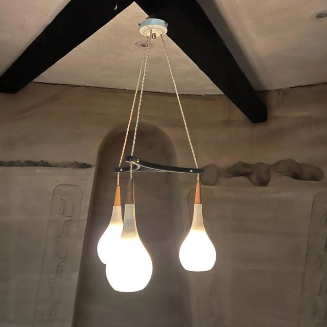 1960s Scandinavian Pendant Teardrop Milk Glass & Teak Holm Sorensen Denmark Holmegaard For Sale - Image 5 of 15