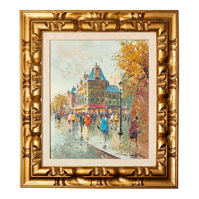 Vintage Parisian Boulevard Oil Painting by Rocco in Ornate Gilt Frame For Sale