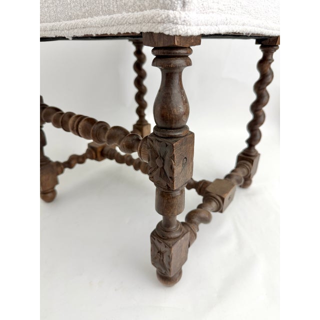 19th C French Louis XIII Style Walnut Stool W/ New Boucle Textile For Sale - Image 14 of 15