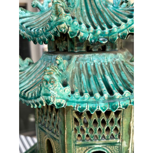 Vintage Large Scale Palm Beach Style Green Glazed Pagoda Centerpiece For Sale - Image 17 of 18