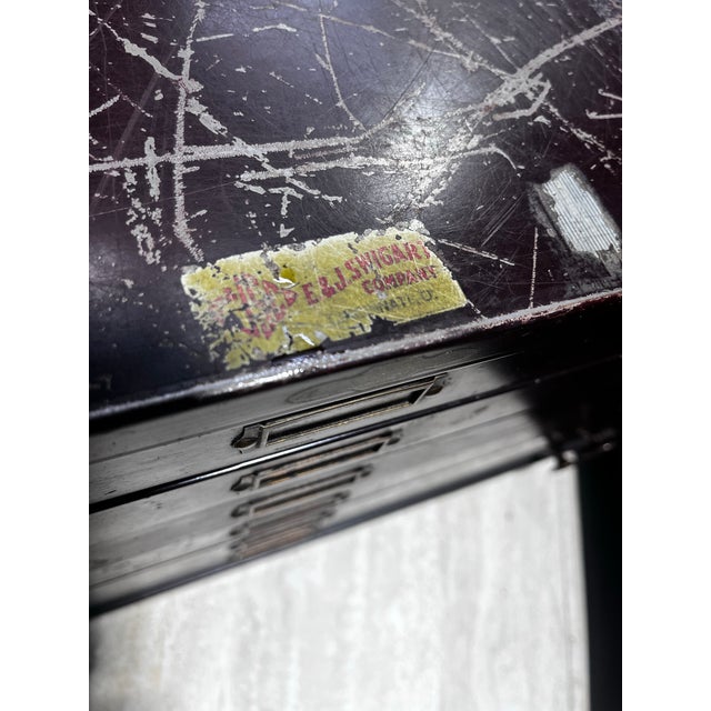 Antique Metal Six Drawer Watchmaker’s Cabinet or Storage Drawers | E & J Swigart Co + Fancy Crystals B & B For Sale - Image 10 of 12