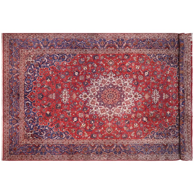 Red Shabby Chic Persian Isfhan Red/Blue Wool Rug - 14'6'' X 23'8'' For Sale - Image 8 of 10