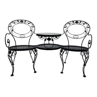 Woodard Furniture Tete-A-Tete Wrought Iron Outdoor Chantilly Rose Tete a Tete Chair Bench Loveseat For Sale