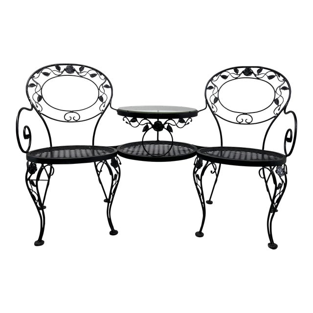 Woodard Furniture Tete-A-Tete Wrought Iron Outdoor Chantilly Rose Tete a Tete Chair Bench Loveseat For Sale