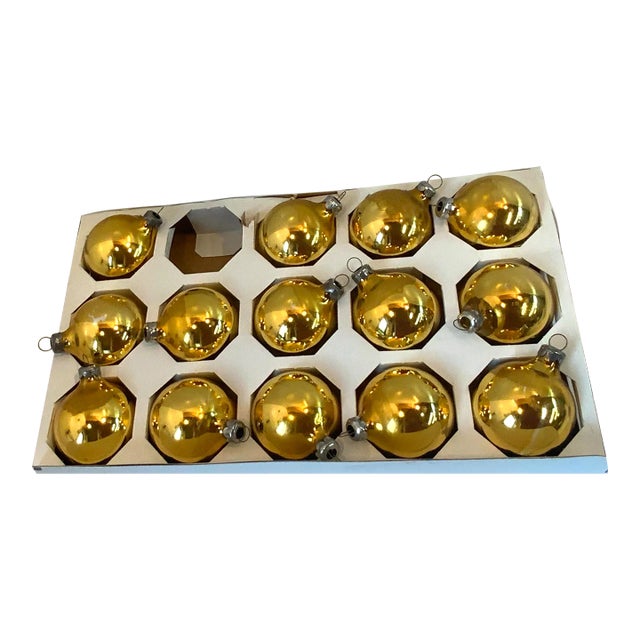 Vintage Holiday Gold Glass Ball Ornaments - Set of 14 For Sale