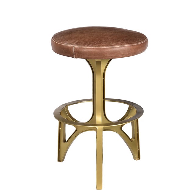 2020s Matthew Izzo Home Ersa Brass Finished and Leather Counter Stool For Sale - Image 5 of 5