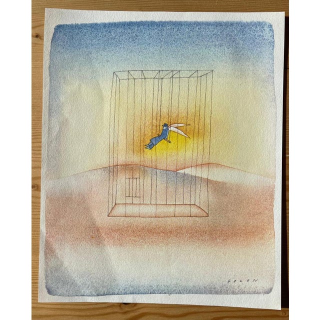 Jean-Michel Folon (1934-2005) The Cage Color heliogravure Signed in the plate On vellum, 18 x 24 cm (approx. 7 x 9 inches)...