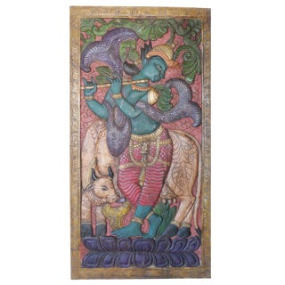 Antique Krishna Door Panel Hand Carved Fluting Krishna & His Cow Zen Wall Sculpture For Sale