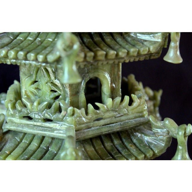 Vintage Chinese Jade Pagoda Sculpture – Hand-Carved Multi-Tier Celadon Green Temple Tower, Asian Feng Shui Decorative Stone Figurine on Red Wood Stand For Sale - Image 13 of 17