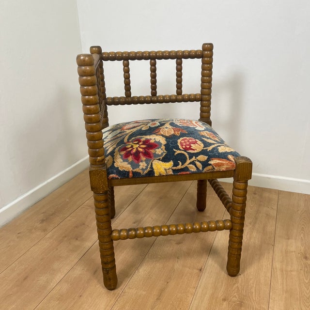 20th Century Corner Chairs in Turned Wood with Bobbins and Fabric Seats, 1950s, Set of 2 For Sale - Image 11 of 14