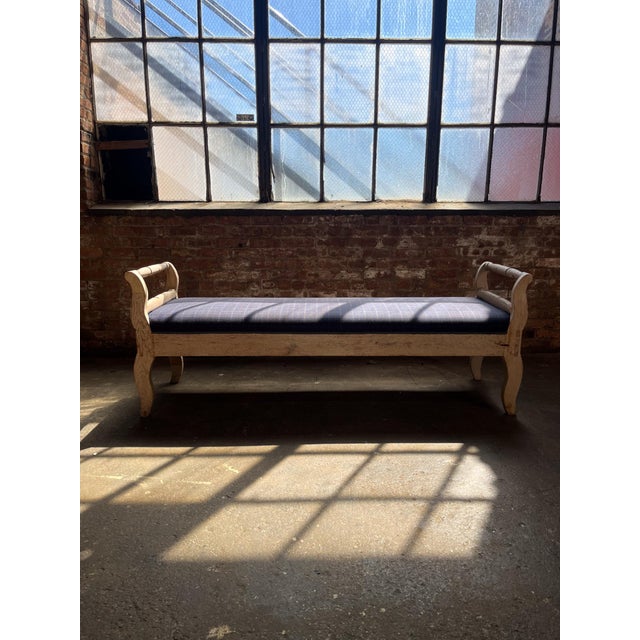 Farmhouse Vintage Rustic Daybed Bench With Wool Plaid Upholstery For Sale - Image 3 of 9