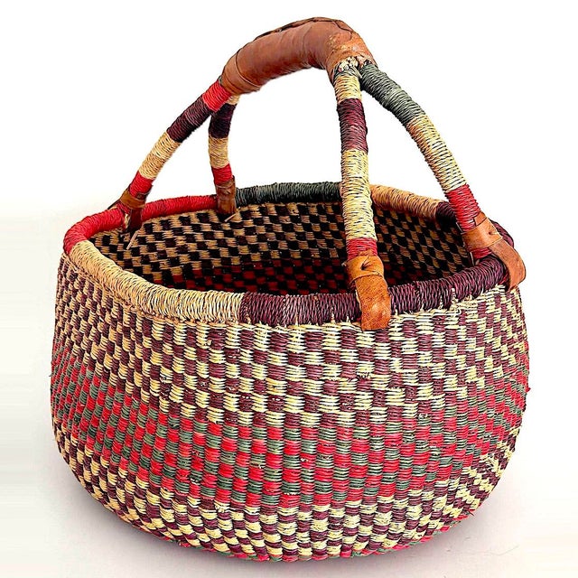 Pierre Jeanneret African Bolga Grass Market Basket With Leather Handles For Sale - Image 4 of 8