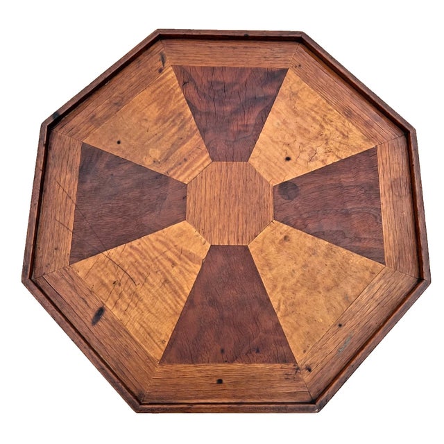 Victorian Antique Inlaid Octagonal Wood Accent Table Geometric Iron Cross Marquetry Top For Sale - Image 3 of 11