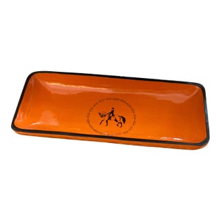 Vintage Orange Equestrian Walnut Entrance Tray For Sale