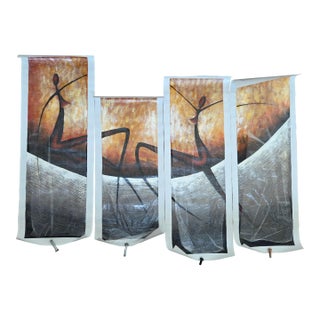 African Tribal Dance Hand Painted Tetratych on Canvas For Sale