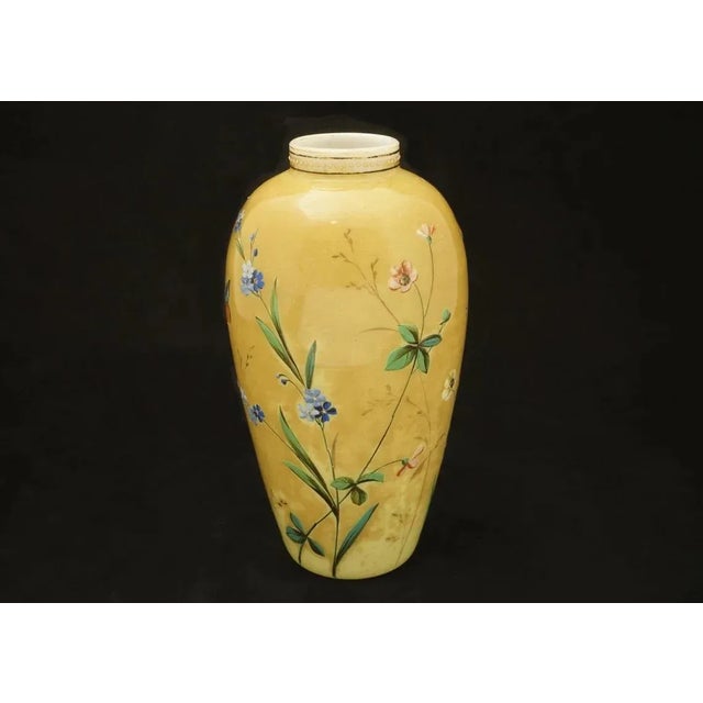 19th Century Antique Amber Yellow Art Glass Vase Cased Glass with Butterfly Wildflower Decor For Sale - Image 5 of 8