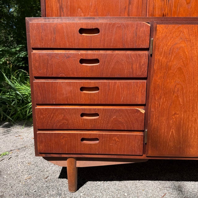 Wood Mid 20th Century Danish Modern Two-Piece Bookshelf With Drop-Down Secretary Desk Top For Sale - Image 7 of 12