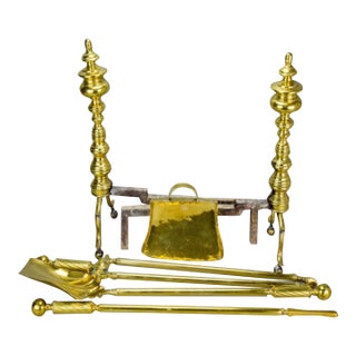 Antique Brass Fireplace Andirons & Tool Set—6 Pieces For Sale