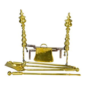 Antique Brass Fireplace Andirons & Tool Set—6 Pieces