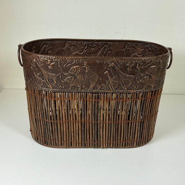 1980s Vintage Boho Chic Safari Coastal Tole Elephant, Monkey & Giraffe Faux Wood Bamboo Wastebasket For Sale - Image 14 of 16