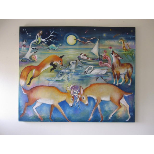 Moonlit Menagerie presents a whimsical tableau where various animals interact under a luminous moon. The vibrant colors...