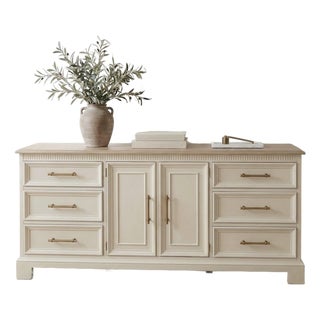 1980s Refinished Drexel Heritage Sideboard – Cream & Natural Wood, Solid Walnut With Brass Hardware For Sale